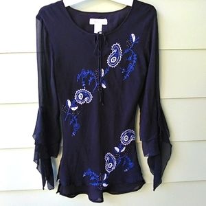 Dressbarn Womens Black Beaded 100% Silk Blouse Blue & White Embroidery SZ 8